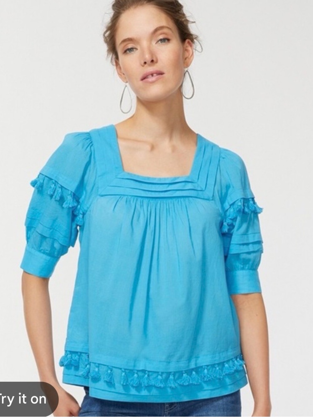 Chico's blue square neck top tasseled trim and tiered details Chico’s 1 US 8